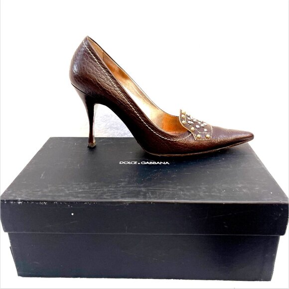 Auc Dolce & Gabbana Vitello T.Moro studded point Toe heels IT38 US 8 - Picture 4 of 14